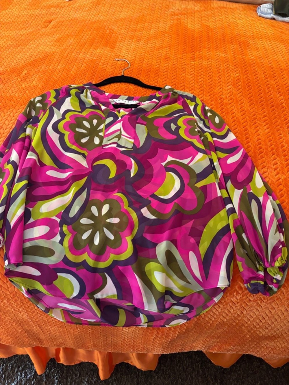 Trina Turk Bold Floral Print Blouse in Fuchsia, Olive & White - Picture 2 of 4